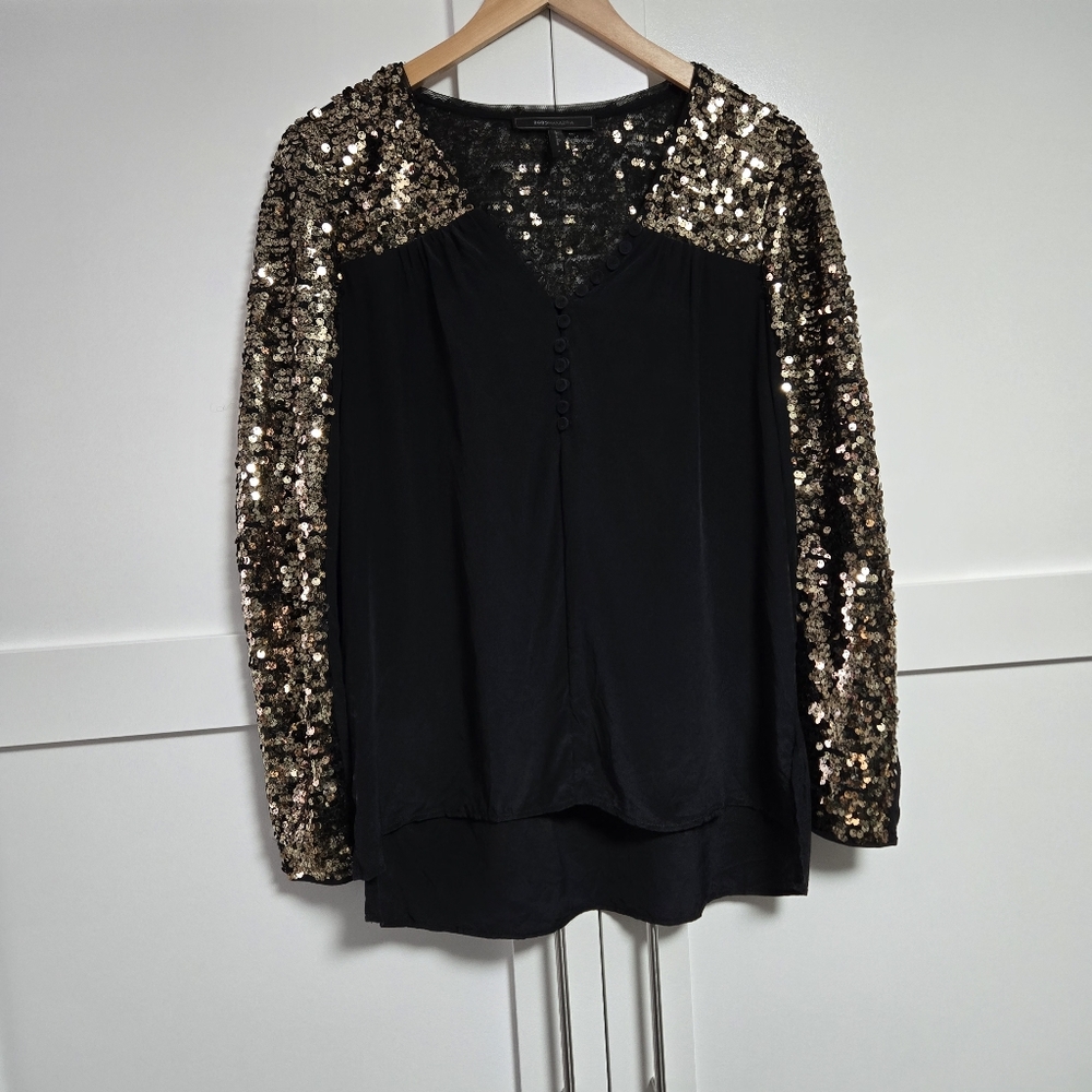 BCBGMaxAzria Black Blouse with Gold Sequin Sleeves (S)